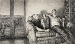 Image of the charcoal drawing, Wes Teaching Hunter by Edgar Jerins.